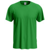 A green men's classic T-shirt featuring a round neck and short sleeves, with a branding label at the collar.