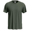 A men's classic T-shirt in olive green, featuring short sleeves and a round neckline, with a logo on the tag.