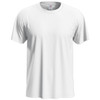 A white classic T-shirt with a round neck and short sleeves, featuring a logo on the tag inside.
