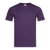A purple fitted T-shirt featuring short sleeves and a logo on the label.