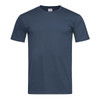 A navy blue fitted T-shirt with short sleeves and a logo on the neckline.