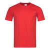 A red fitted t-shirt with short sleeves and a crew neck, featuring a logo on the label.