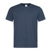 A navy blue heavyweight crew neck T-shirt with short sleeves and a tag inside. It features a logo on the label.