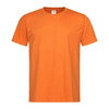 An orange heavyweight crew neck T-shirt with short sleeves and a label inside the collar.