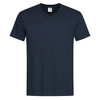 A navy blue men's classic V-neck T-shirt with short sleeves. The shirt features a label and has a simple design.