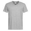 A grey men's classic V-neck T-shirt featuring short sleeves and a simple design. It has a logo on the tag.