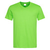 A men's classic V-neck T-shirt in bright green, featuring a logo on the label.