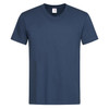 A navy blue men's classic V-neck T-shirt with short sleeves and a tag inside. It features a small logo on the label.