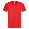 A red men's classic V-neck T-shirt featuring a logo on the tag.