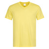 A yellow men's classic T-shirt with a V-neck and short sleeves, featuring a logo on the label.