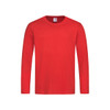 A red long sleeve T-shirt with a crew neckline and a tag inside. Features a logo on the upper inner neck.