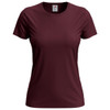 A maroon women's classic T-shirt with short sleeves and a round neckline, featuring a logo on the label.