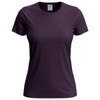 A women's classic t-shirt in dark purple, featuring a round neck and short sleeves, with a logo on the label.