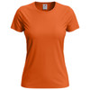 An orange women's classic T-shirt with a round neckline and short sleeves, featuring a logo on the label.
