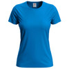 A blue women's classic T-shirt with a round neckline and short sleeves, featuring a logo.