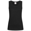 A black women's classic tank top with a sleeveless design and a logo at the neckline.