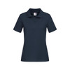 A navy women's heavyweight polo shirt with a collar and short sleeves, featuring a logo.