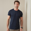 A navy blue men's active sports T-shirt with a round neckline and short sleeves, featuring a logo on the chest.