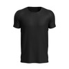 A black short-sleeved T-shirt with a smooth texture and a simple design. Features a small logo.