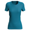 A women's active sports T-shirt in a teal colour, featuring a fitted design and short sleeves. It has a logo.