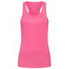 A pink women's active sports top with a racerback design and a fitted silhouette, featuring a logo.