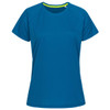 A blue women's active T-shirt featuring a crew neck and raglan sleeves, with a logo on the front.