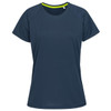 A dark navy blue women's t-shirt with a round neckline and short sleeves, featuring a subtle branding element.
