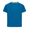 A blue T-shirt with raglan sleeves and a contrasting neckline, featuring a logo on the front.