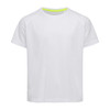 A white T-shirt with a raglan design and a neon green accent on the neckline. It features a logo.