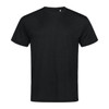 A black men's T-shirt made from active cotton, featuring a simple design and a logo on the label.