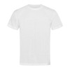 A plain white t-shirt with a crew neck and short sleeves, featuring a logo on the front.