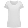 A white women's T-shirt with a scoop neckline and short sleeves, featuring a logo.