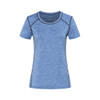 A blue athletic T-shirt with short sleeves and contrasting seams, featuring a logo.
