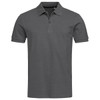 A dark grey polo shirt with a classic collar and short sleeves. It features a logo on the chest.