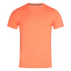 An orange crew neck t-shirt with short sleeves and a simple design. It features a subtle logo.