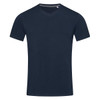 A navy blue men's V-neck T-shirt featuring short sleeves and a simple design. It includes a logo.