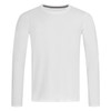 A white long sleeve t-shirt with a round neckline and a subtle branding logo at the collar.