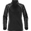 A black women's rain jacket with white piping details and a zippered front, featuring a logo on the chest.