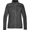 A grey women's fleece jacket with a zip front, featuring contrasting black seams and pockets, and includes a logo.