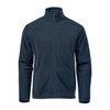 A navy blue polar fleece jacket with a zip front and side pockets. It features a high collar and has a logo.