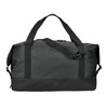 A black duffle bag features dual handles and a detachable shoulder strap, with an adjustable buckle and a branding logo.