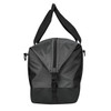 A black duffle bag with a zip closure and two adjustable shoulder straps, featuring a logo.