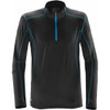 A black men's fleece pullover with a quarter zip and blue accents. It features long sleeves and a logo.