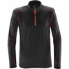A black pullover with red piping, featuring a half zip and long sleeves, designed in polar fleece material.