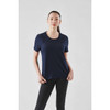 A woman models a navy blue short sleeve tee, featuring a smooth fabric and a simple design. The shirt has a logo.