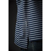 A navy blue and white striped men's crew neck tee with a side vent detail. It features a logo.