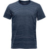 A navy blue striped crew neck t-shirt with a logo on the side. Short sleeves and a casual fit.