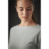 A women's grey 3/4 sleeve tee with a relaxed neckline displayed on a model. The image has a simple, dark background.