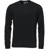 A black long-sleeve Henley shirt featuring a three-button placket and a subtle logo.