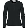 A women's long-sleeve henley shirt in dark green, featuring a buttoned neckline and a fitted design.
